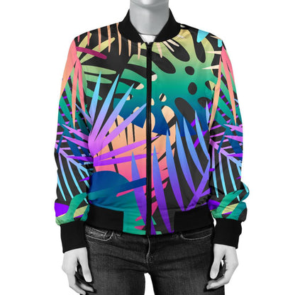 Neon Flower Tropical Palm Leaves Women Casual Bomber Jacket