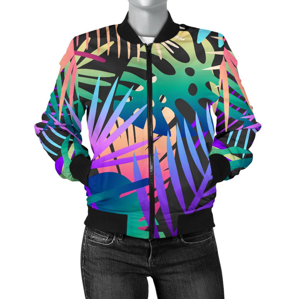 Neon Flower Tropical Palm Leaves Women Casual Bomber Jacket