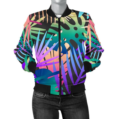 Neon Flower Tropical Palm Leaves Women Casual Bomber Jacket