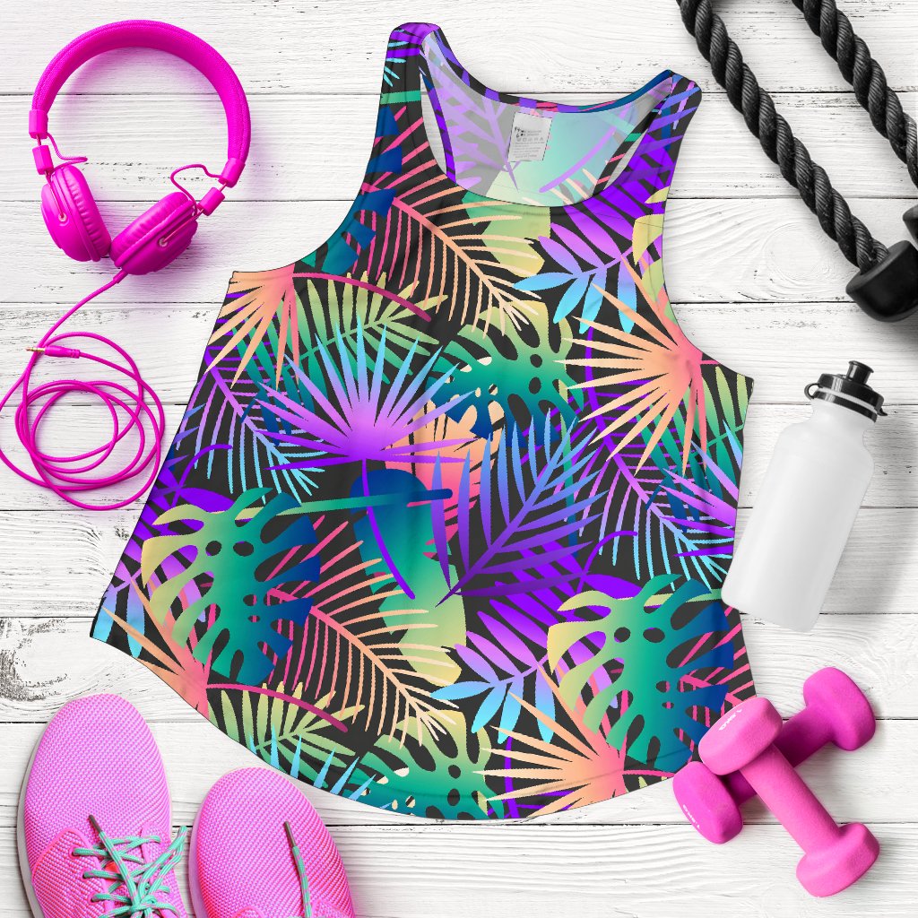 Neon Flower Tropical Palm Leaves Women Racerback Tank Top
