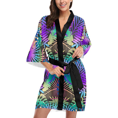 Neon Flower Tropical Palm Leaves Women Short Kimono Robe