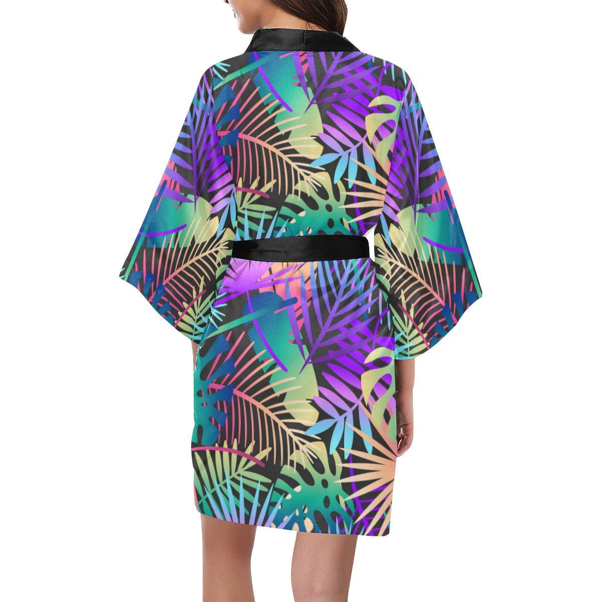 Neon Flower Tropical Palm Leaves Women Short Kimono Robe