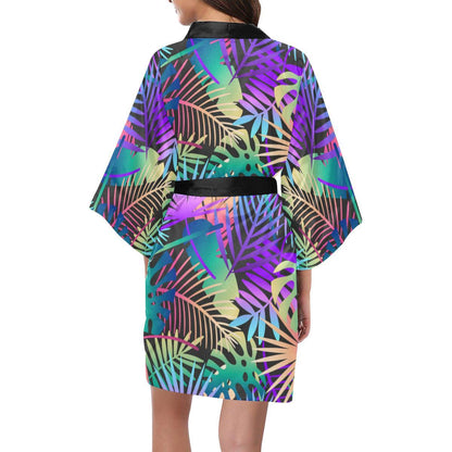 Neon Flower Tropical Palm Leaves Women Short Kimono Robe