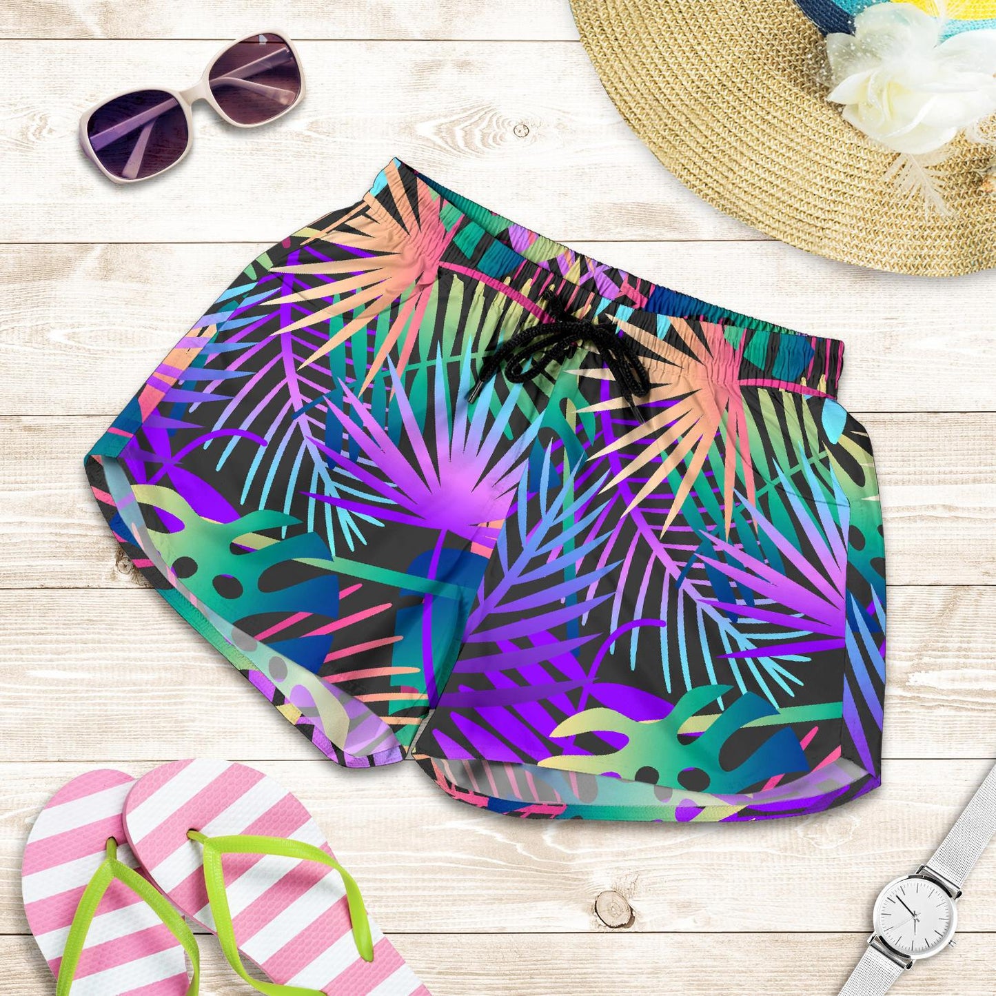 Neon Flower Tropical Palm Leaves Women Shorts-JTAMIGO.COM
