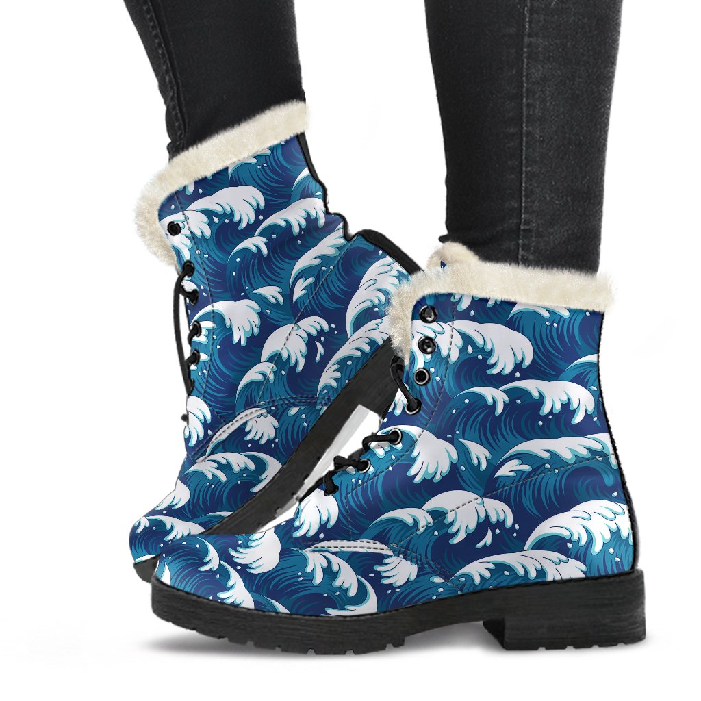 Ocean Wave Pattern Print Faux Fur Leather Boots-JTAMIGO.COM