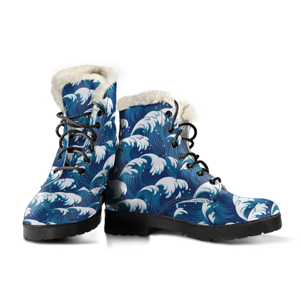 Ocean Wave Pattern Print Faux Fur Leather Boots-JTAMIGO.COM
