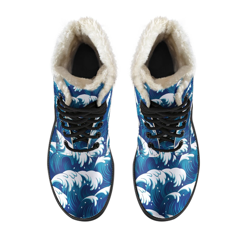 Ocean Wave Pattern Print Faux Fur Leather Boots-JTAMIGO.COM