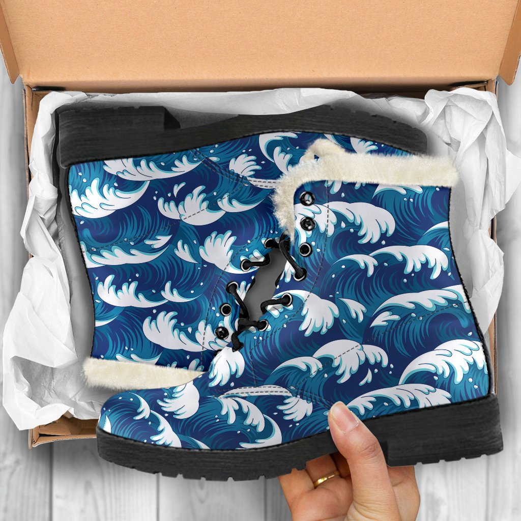 Ocean Wave Pattern Print Faux Fur Leather Boots-JTAMIGO.COM