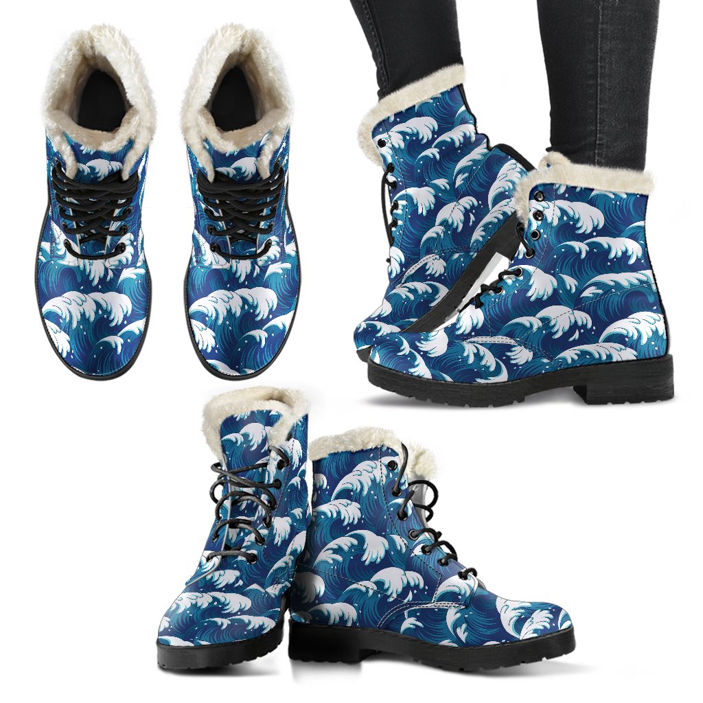 Ocean Wave Pattern Print Faux Fur Leather Boots-JTAMIGO.COM