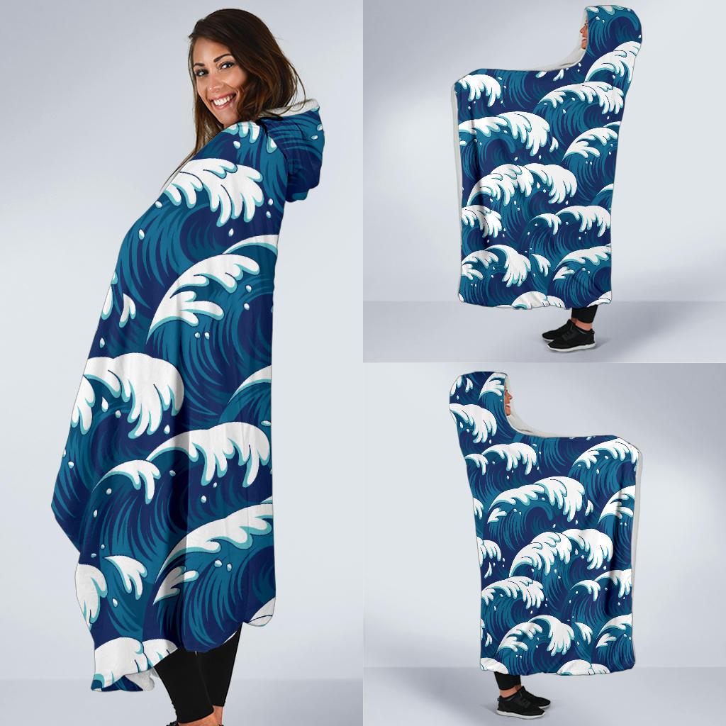 Ocean Wave Pattern Print Hooded Blanket-JTAMIGO.COM