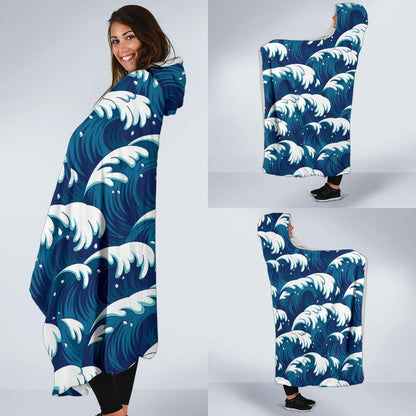 Ocean Wave Pattern Print Hooded Blanket-JTAMIGO.COM