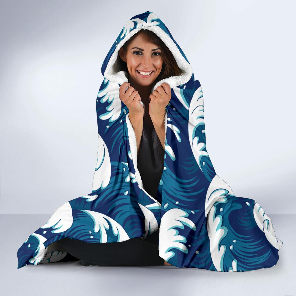 Ocean Wave Pattern Print Hooded Blanket-JTAMIGO.COM
