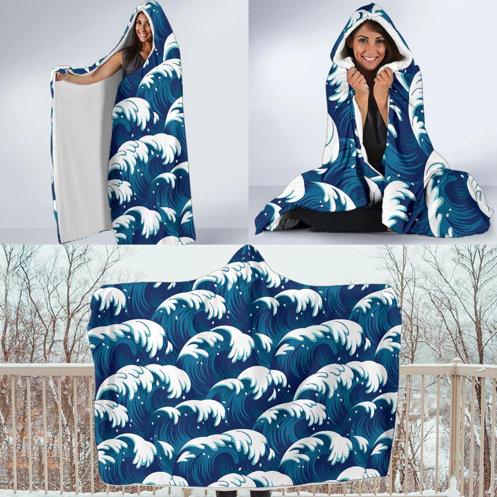 Ocean Wave Pattern Print Hooded Blanket-JTAMIGO.COM