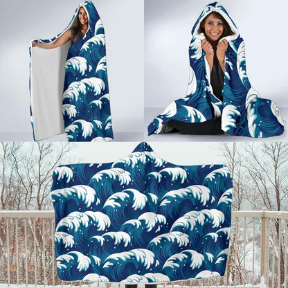 Ocean Wave Pattern Print Hooded Blanket-JTAMIGO.COM