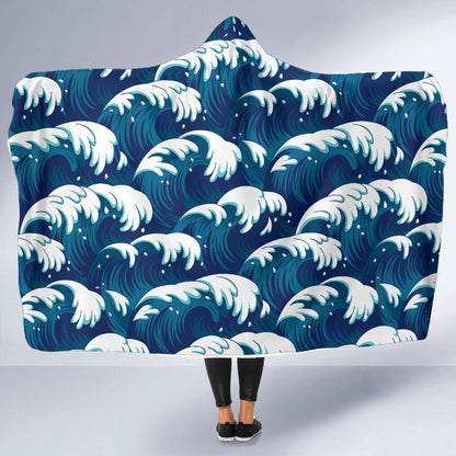Ocean Wave Pattern Print Hooded Blanket-JTAMIGO.COM