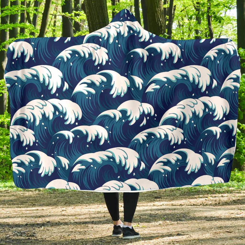 Ocean Wave Pattern Print Hooded Blanket-JTAMIGO.COM