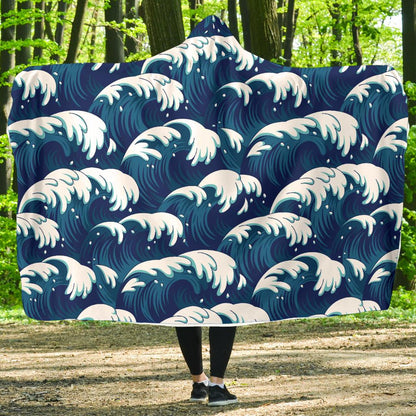 Ocean Wave Pattern Print Hooded Blanket-JTAMIGO.COM