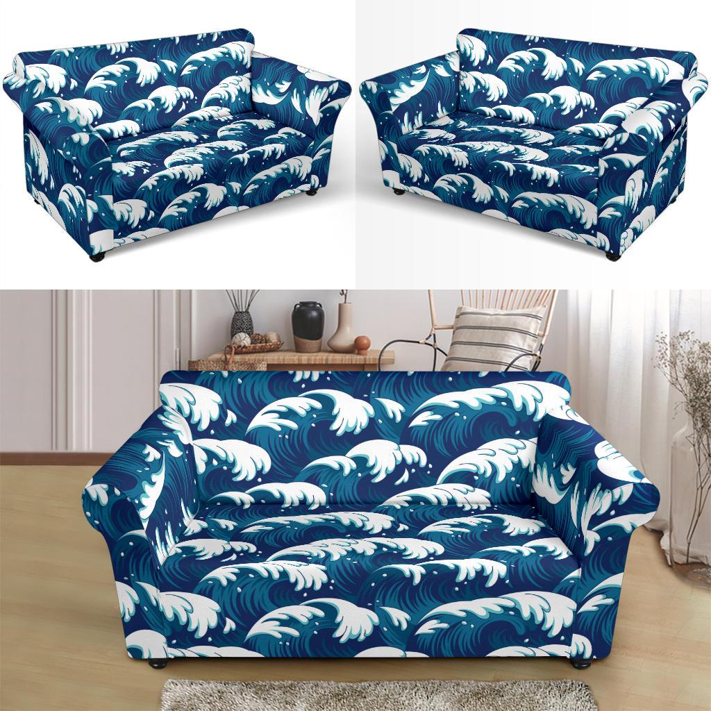 Ocean Wave Pattern Print Loveseat Slipcover-JTAMIGO.COM
