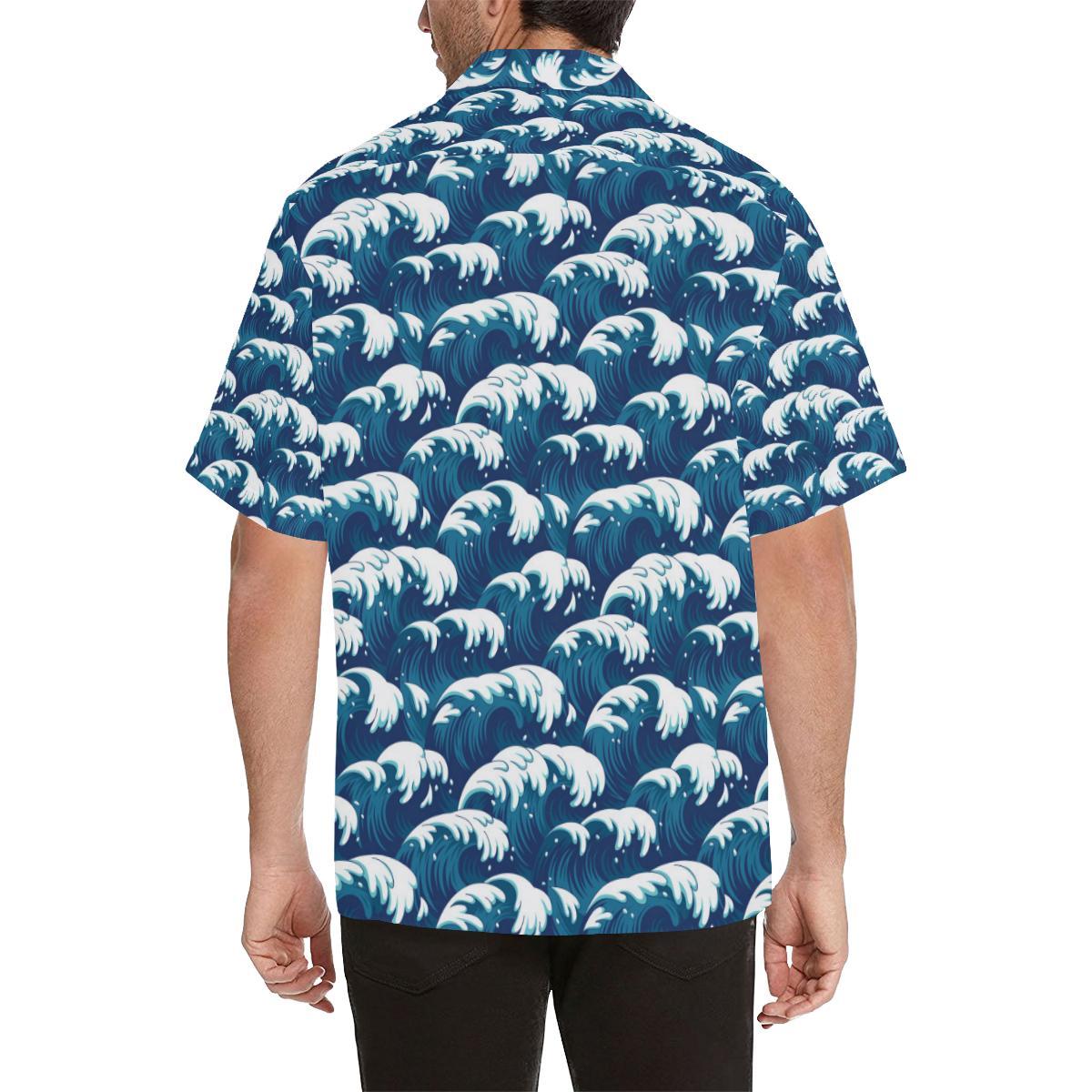 Ocean Wave Pattern Print Men Aloha Hawaiian Shirt