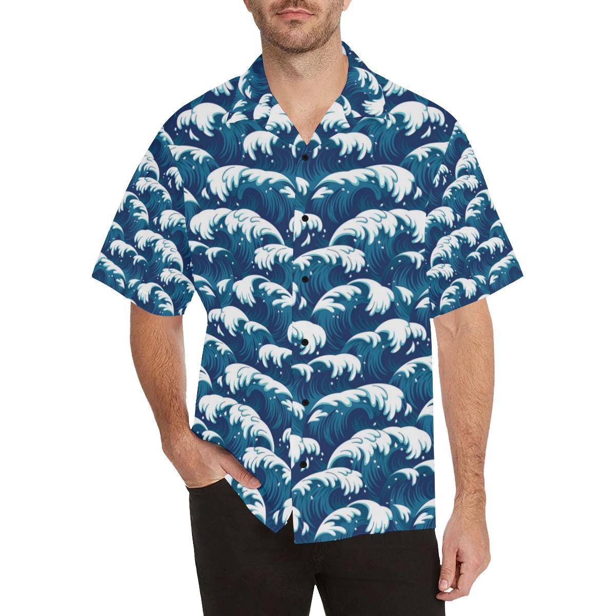 Ocean Wave Pattern Print Men Aloha Hawaiian Shirt