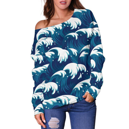 Ocean Wave Pattern Print Off Shoulder Sweatshirt