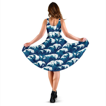 Ocean Wave Pattern Print Sleeveless Dress