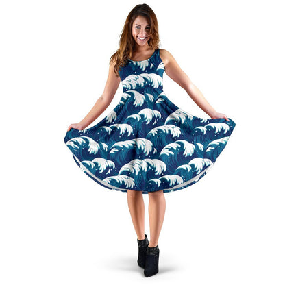 Ocean Wave Pattern Print Sleeveless Dress
