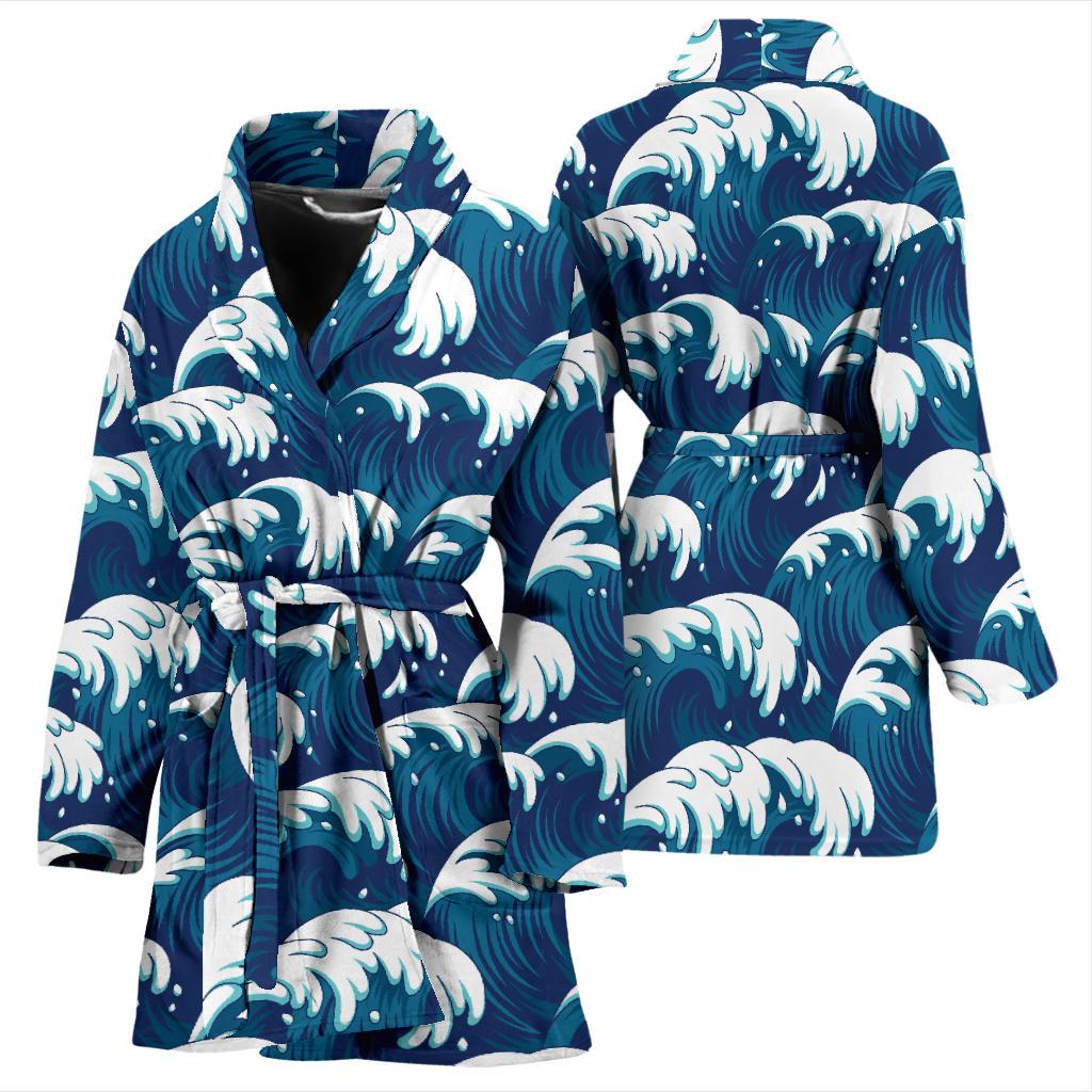 Ocean Wave Pattern Print Women Bath Robe-JTAMIGO.COM