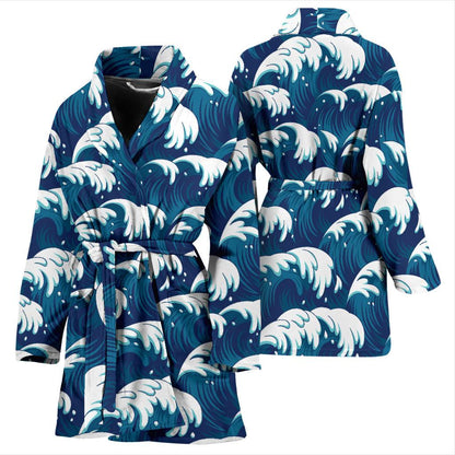 Ocean Wave Pattern Print Women Bath Robe-JTAMIGO.COM