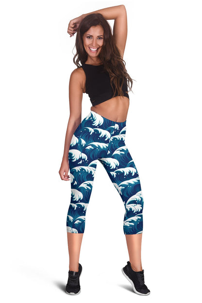 Ocean Wave Pattern Print Women Capris
