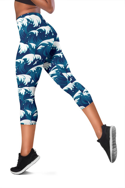 Ocean Wave Pattern Print Women Capris
