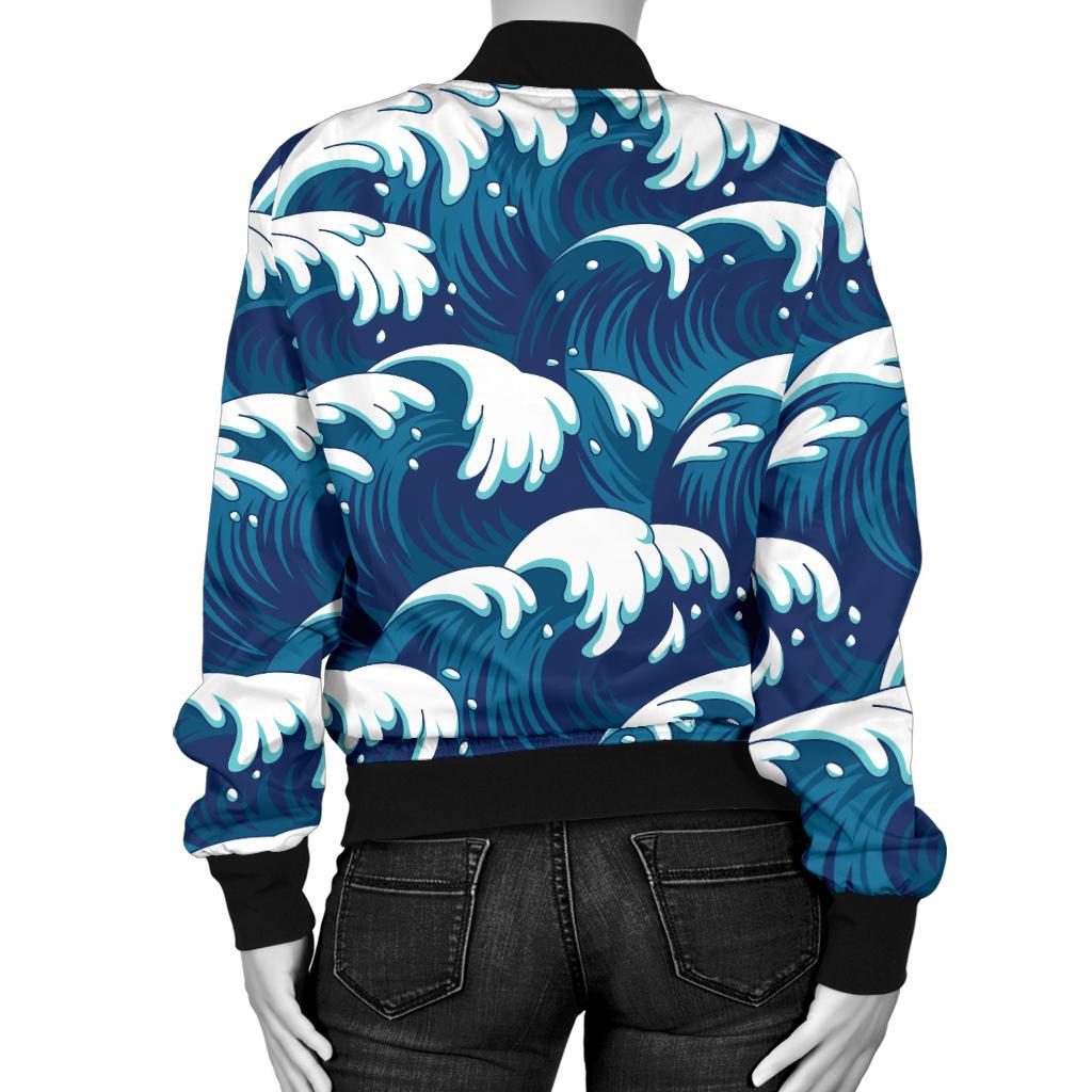 Ocean Wave Pattern Print Women Casual Bomber Jacket