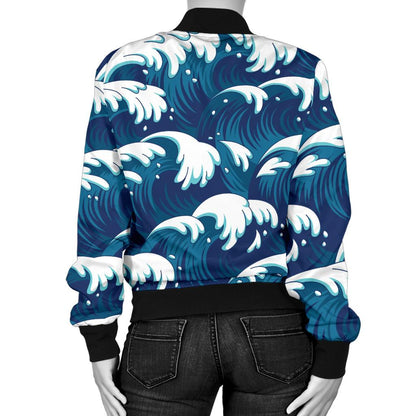 Ocean Wave Pattern Print Women Casual Bomber Jacket
