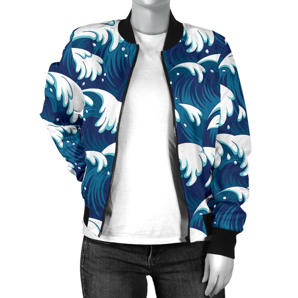 Ocean Wave Pattern Print Women Casual Bomber Jacket