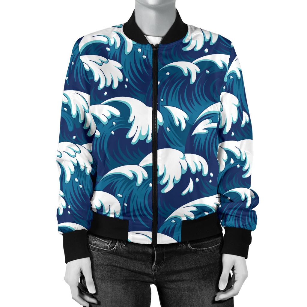 Ocean Wave Pattern Print Women Casual Bomber Jacket