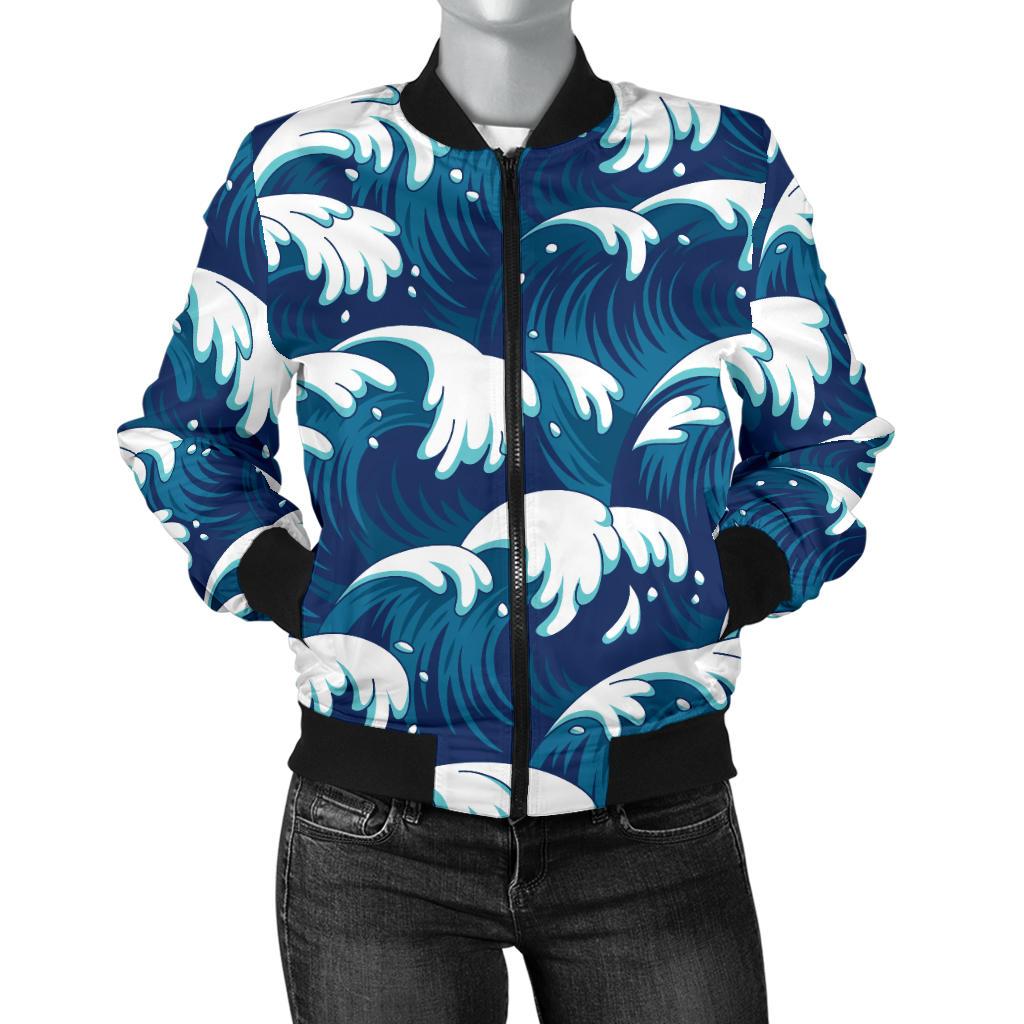 Ocean Wave Pattern Print Women Casual Bomber Jacket