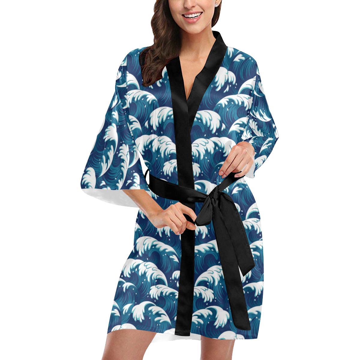 Ocean Wave Pattern Print Women Short Kimono Robe