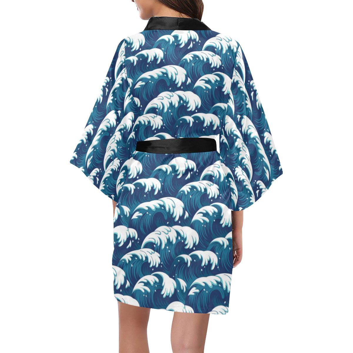 Ocean Wave Pattern Print Women Short Kimono Robe