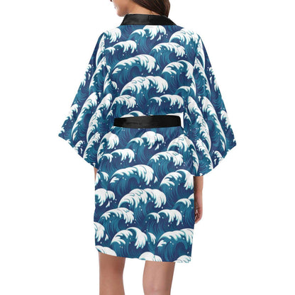Ocean Wave Pattern Print Women Short Kimono Robe