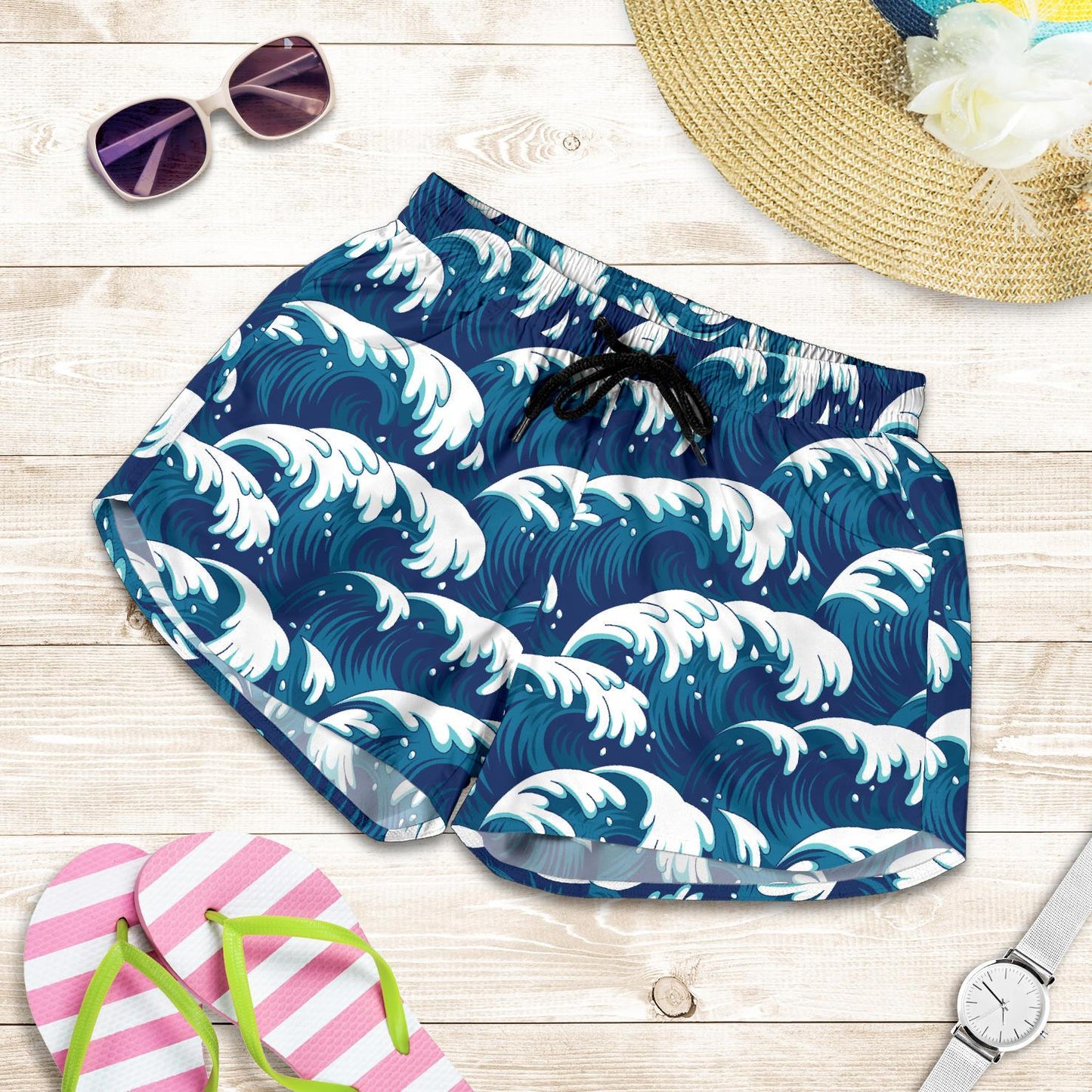 Ocean Wave Pattern Print Women Shorts-JTAMIGO.COM