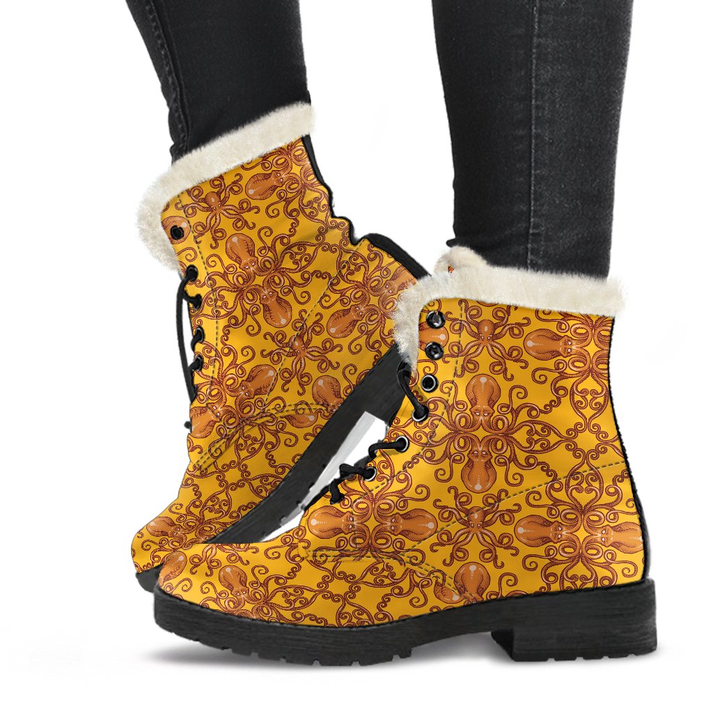Octopus Background Design Print Faux Fur Leather Boots-JTAMIGO.COM