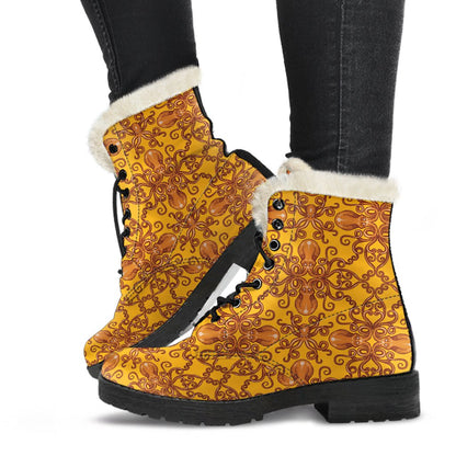Octopus Background Design Print Faux Fur Leather Boots-JTAMIGO.COM