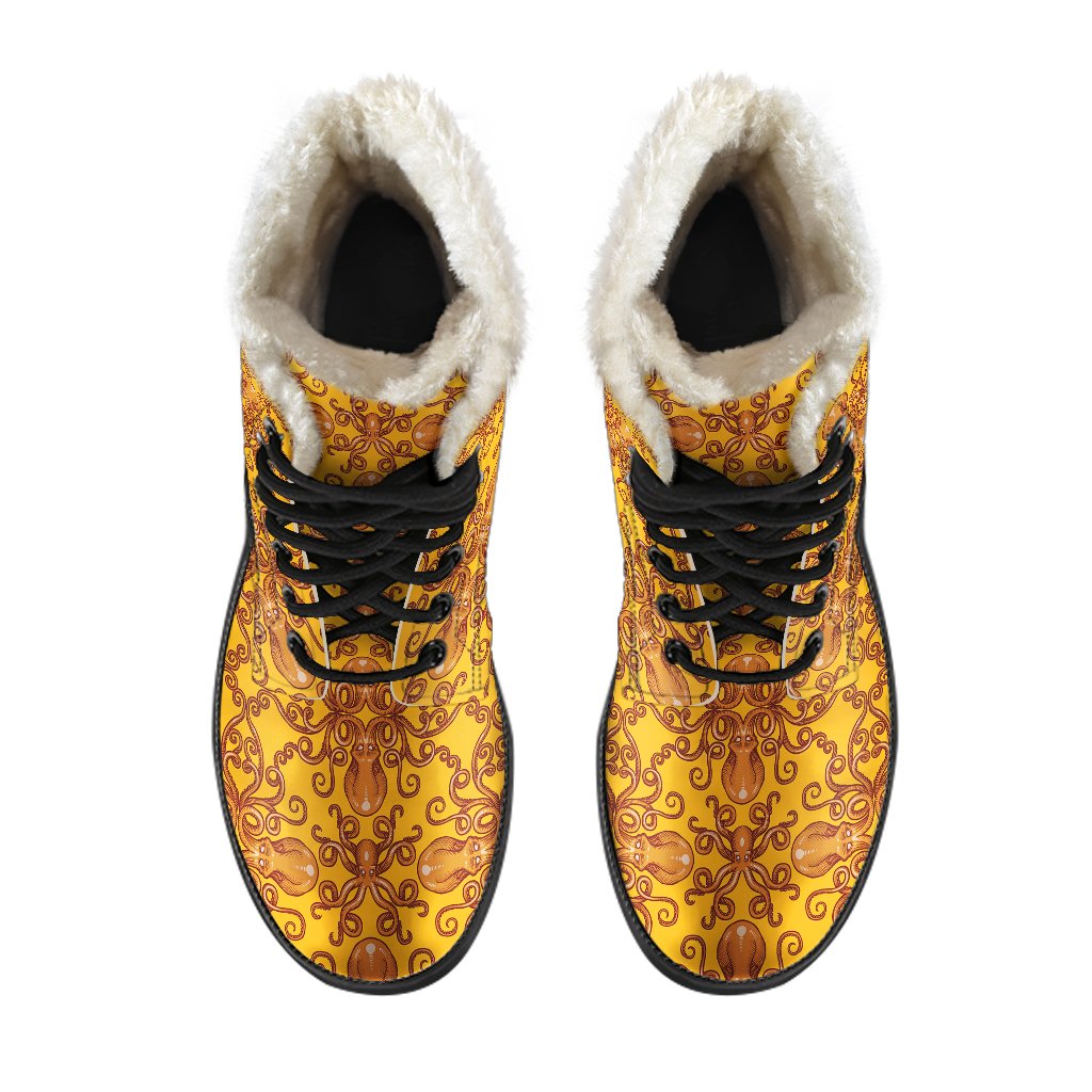 Octopus Background Design Print Faux Fur Leather Boots-JTAMIGO.COM
