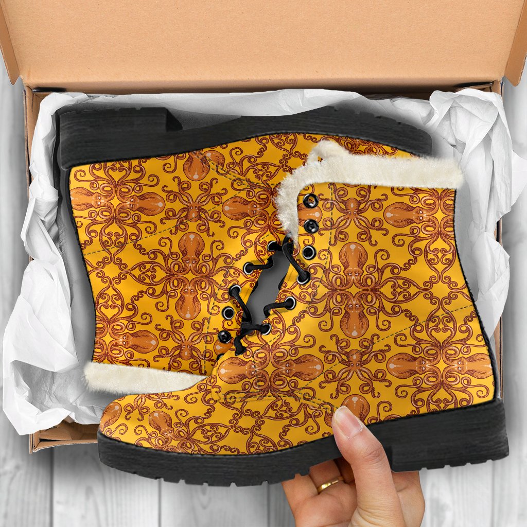 Octopus Background Design Print Faux Fur Leather Boots-JTAMIGO.COM