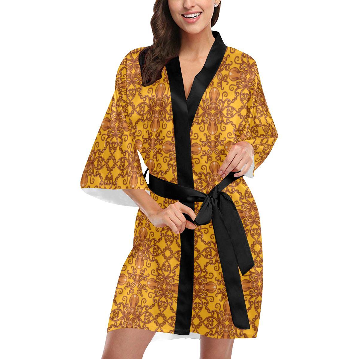 Octopus Background Design Print Women Short Kimono Robe