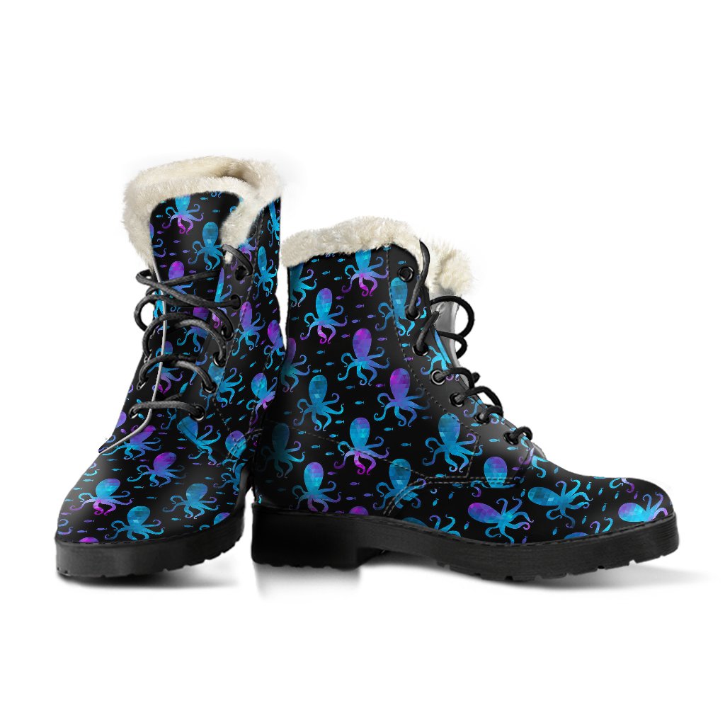 Octopus Blue Design Print Themed Faux Fur Leather Boots-JTAMIGO.COM