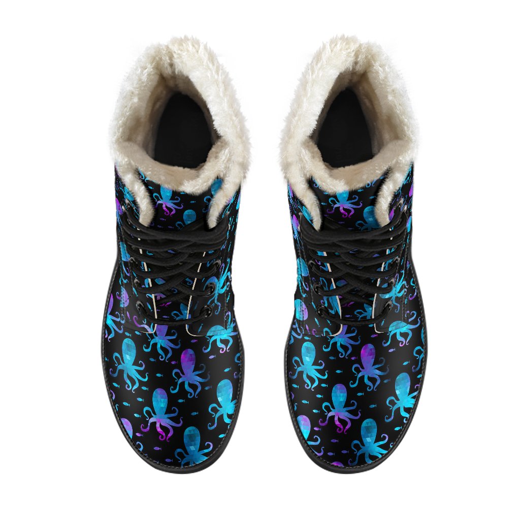 Octopus Blue Design Print Themed Faux Fur Leather Boots-JTAMIGO.COM
