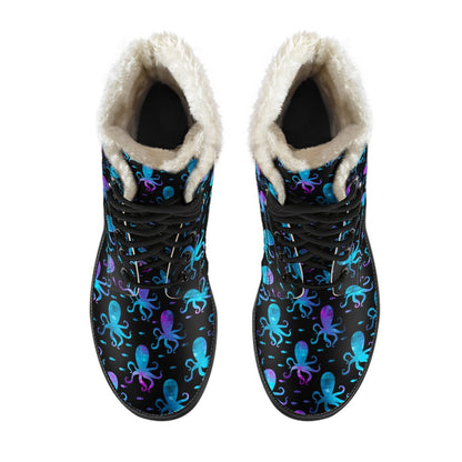 Octopus Blue Design Print Themed Faux Fur Leather Boots-JTAMIGO.COM