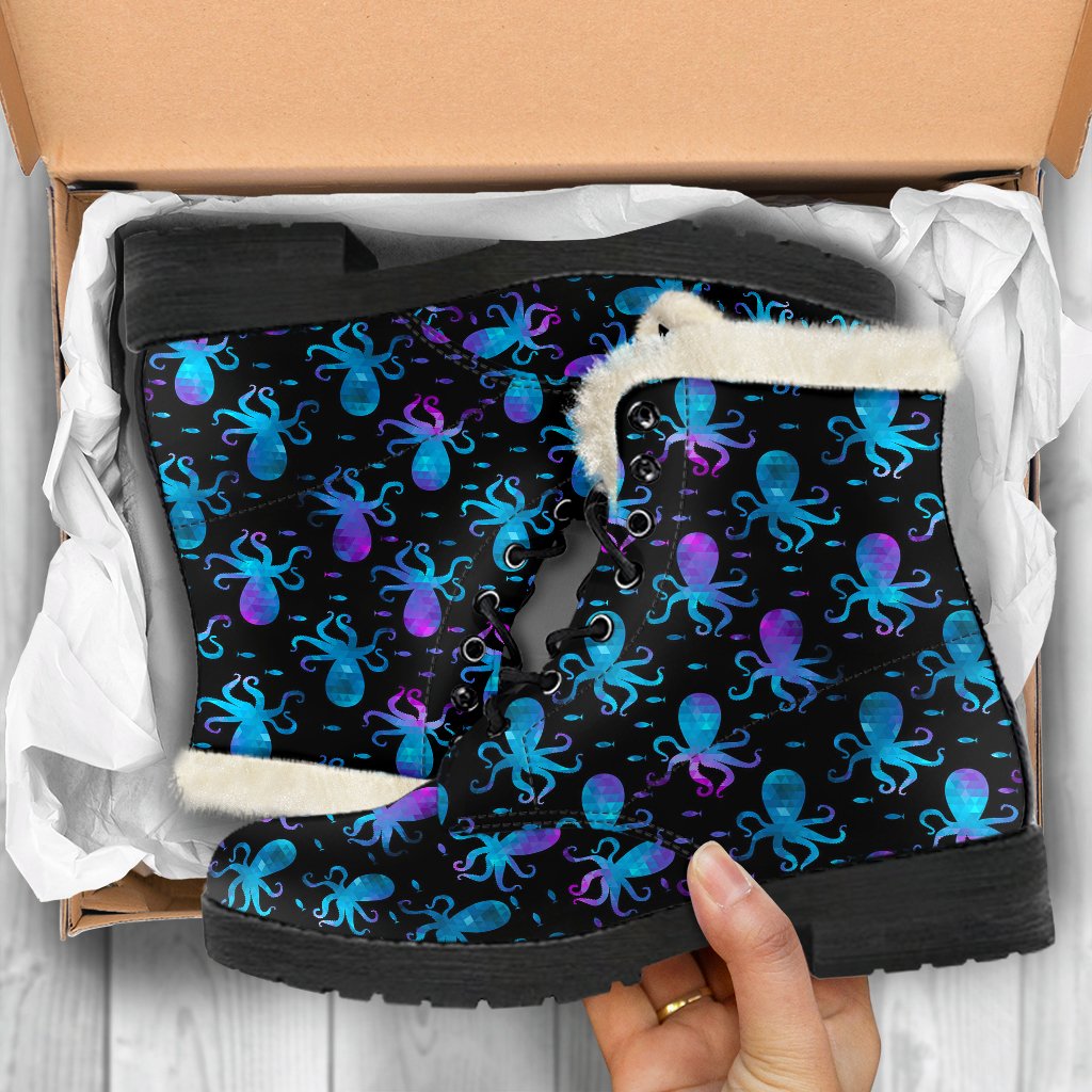 Octopus Blue Design Print Themed Faux Fur Leather Boots-JTAMIGO.COM