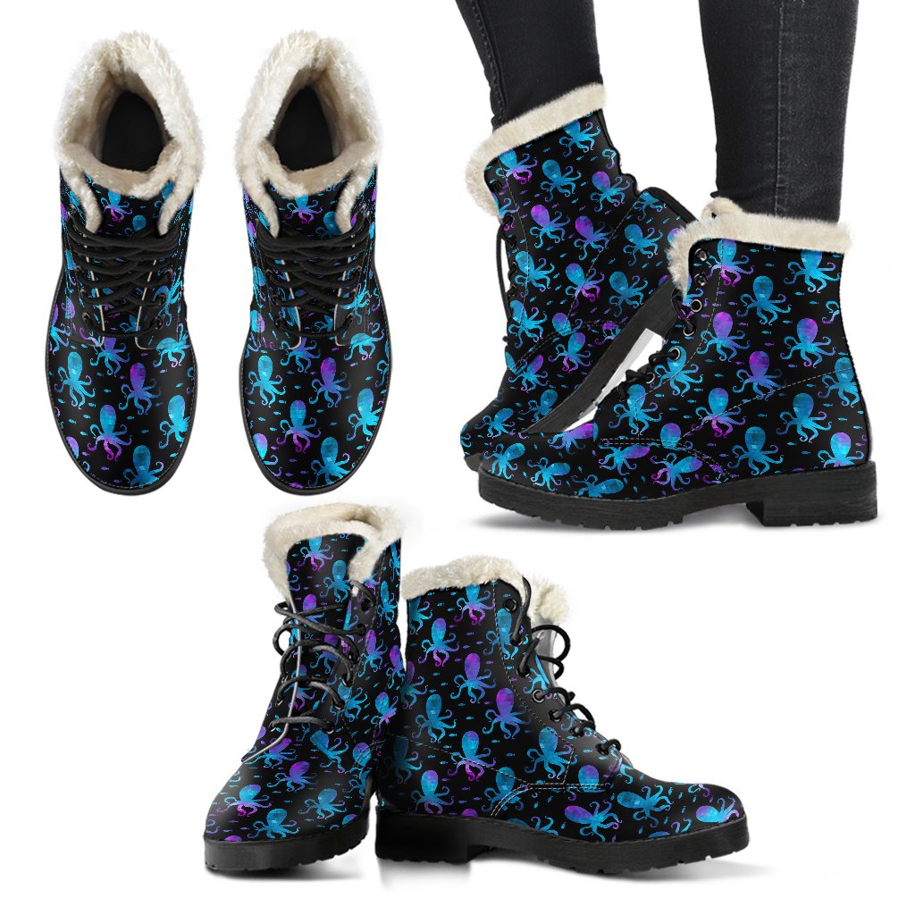 Octopus Blue Design Print Themed Faux Fur Leather Boots-JTAMIGO.COM
